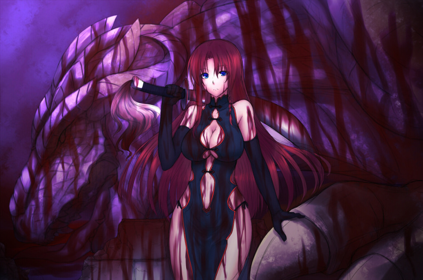 alternate_costume blood blue_eyes braid breasts center_opening china_dress chinese_clothes cleavage_cutout dragon elbow_gloves ex-meiling female gloves hiroya_juuren hong_meiling long_hair red_hair solo sword touhou twin_braids weapon