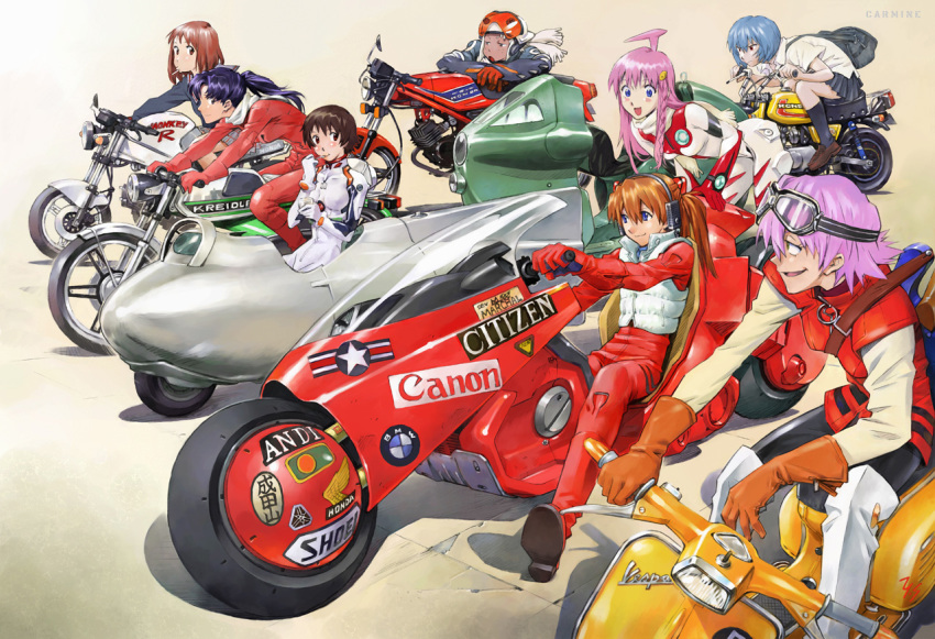 6+girls akira ayanami_rei ayanami_rei_(cosplay) company_connection cosplay creator_connection crossover flcl gainax haruhara_haruko helmet katsuragi_misato konno_makoto lal'c_mellk_mal motor_vehicle motorcycle multiple_girls neon_genesis_evangelion nono_(top_wo_nerae_2!) plugsuit pudding sadamoto_yoshiyuki samejima_mamimi scooter soryu_asuka_langley toki_wo_kakeru_shoujo top_wo_nerae_2! vehicle vespa
