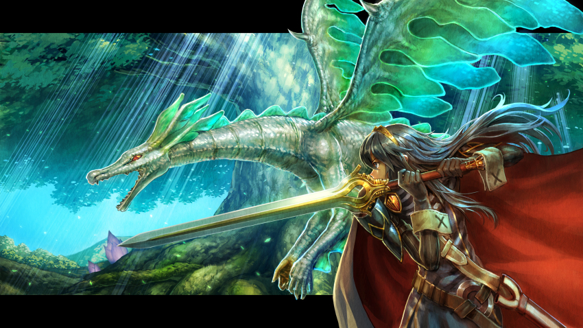 1girl alternate_form belt black_gloves black_hair blue_eyes cape chiki chiki_(fire_emblem) dragon fire_emblem fire_emblem:_kakusei flower gloves hairband highres leaf letterboxed light_rays long_hair lucina om_(carbohydratism) shoulder_pads sunbeam sunlight sword tree weapon