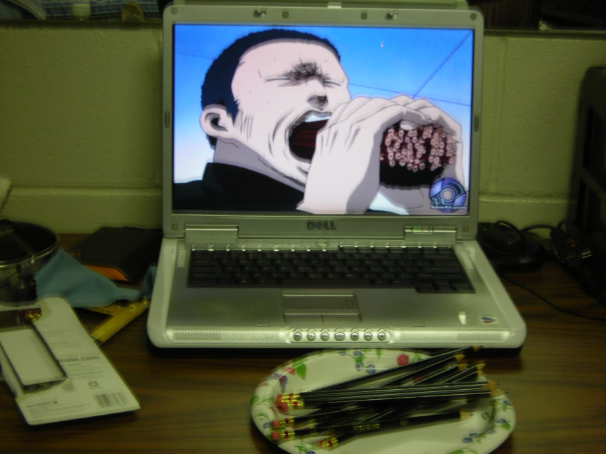 2d_dating computer dell eating highres laptop lonely no_humans parody pencil pencils photo sakigake!!_cromartie_koukou school what wooden_pencil