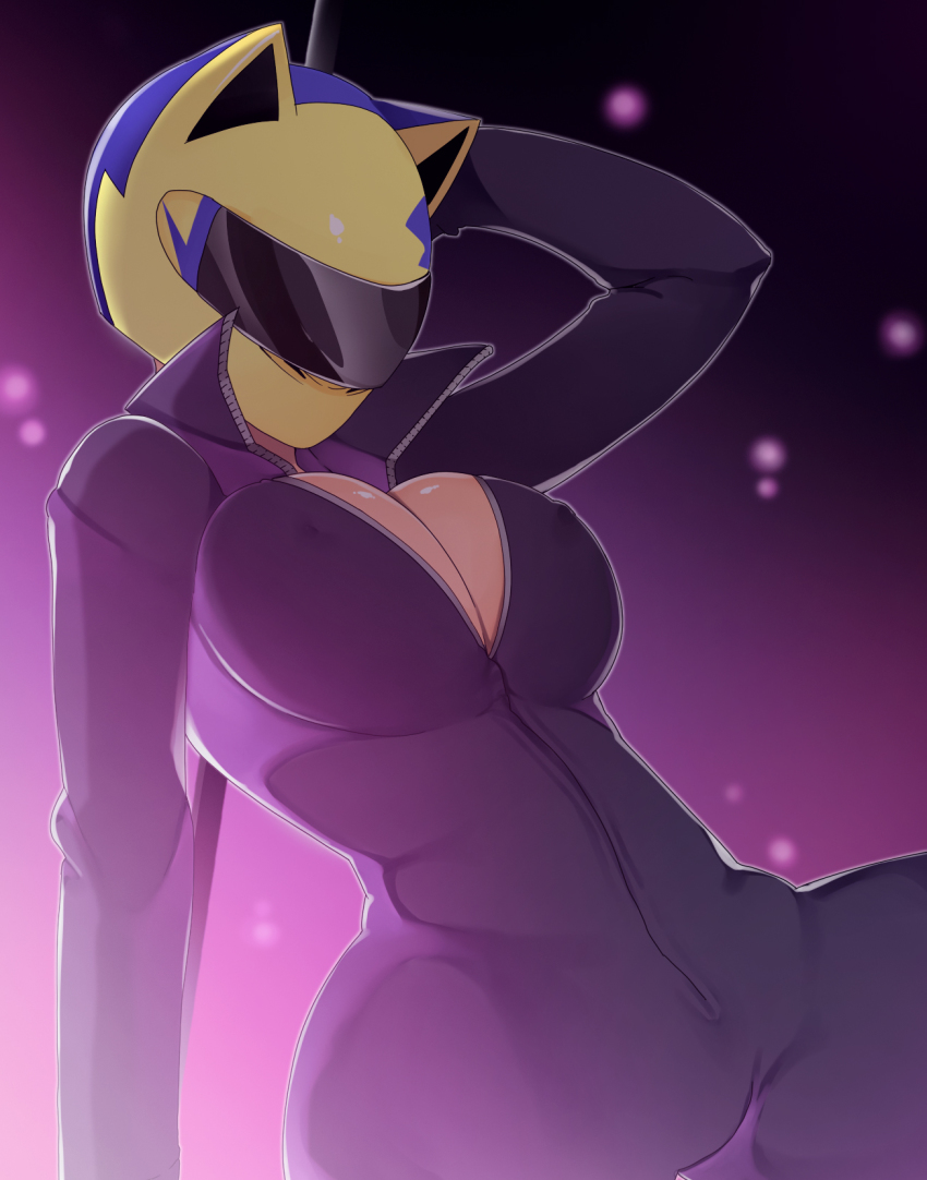 1girl animal_ears bad_id bodysuit breasts cat_ears celty_sturluson cleavage durarara!! full-length_zipper helmet highres huge_breasts kosame_daizu motorcycle_helmet solo unzipped zipper