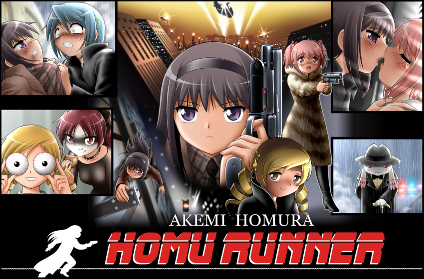 5girls akemi_homura anger_vein black_hair blade_runner blonde_hair blue_eyes blue_hair blush boots bruise building cane car choker cityscape coat cyberpunk eating everyone eyes_closed food food_on_face formal fur_coat gaff_(blade_runner) ground_vehicle gun hairband handgun hat incipient_kiss injury kaname_madoka kyubey leon_(blade_runner) long_hair mahou_shoujo_madoka_magica miki_sayaka motor_vehicle multiple_girls necktie parody pink_hair pistol police police_car pris purple_eyes rachel_(blade_runner) red_eyes red_hair replicant rick_deckard roy_batty sakura_kyouko science_fiction shingyouji_tatsuya short_hair std2 suit tears tomoe_mami twintails vehicle weapon yellow_eyes yuri