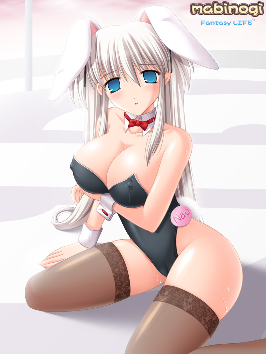 1girl animal_ears blue_eyes breasts bunny bunny_ears bunnysuit cleavage erect_nipples highres huge_breasts kafu mabinogi nao_(mabinogi) solo thighhighs white_hair