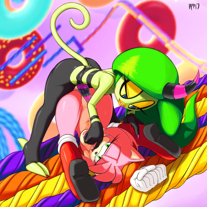 2girls amy_rose animal_ears bdsm blue_eyes bondage bound_arms dildo finger_in_mouth furry green_eyes green_hair green_skin highres horn marthedog multiple_girls navel open_mouth pink_hair pussy_juice rape saliva sega sharp_teeth sonic_lost_world sonic_the_hedgehog strap-on tail tears tongue vaginal yuri zeena