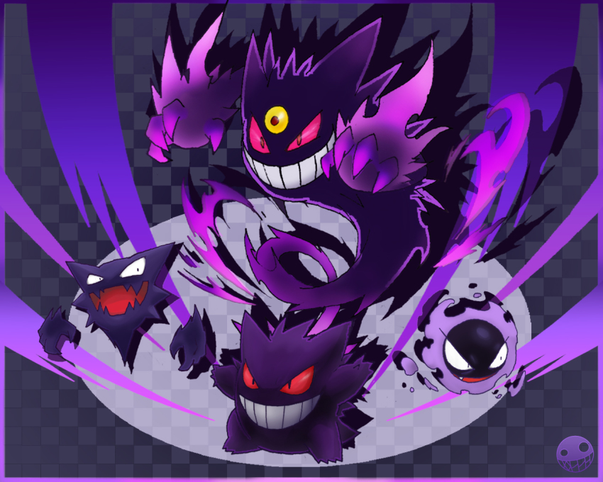 10s checkered checkered_background claws fang floating gastly gengar ghost giga_shouyou grin haunter kobayuu-58 mega_gengar mega_pokemon no_humans pokemon pokemon_(creature) pokemon_(game) pokemon_xy red_eyes sharp_teeth smile teeth third_eye yellow_eyes