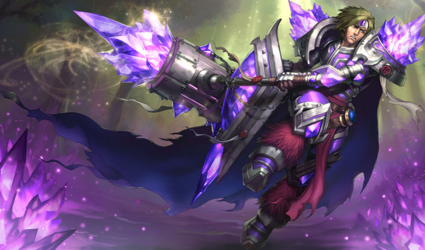 brown_hair charge crystal gem hammer heroic league_of_legends pose shield taric taric_gemknight