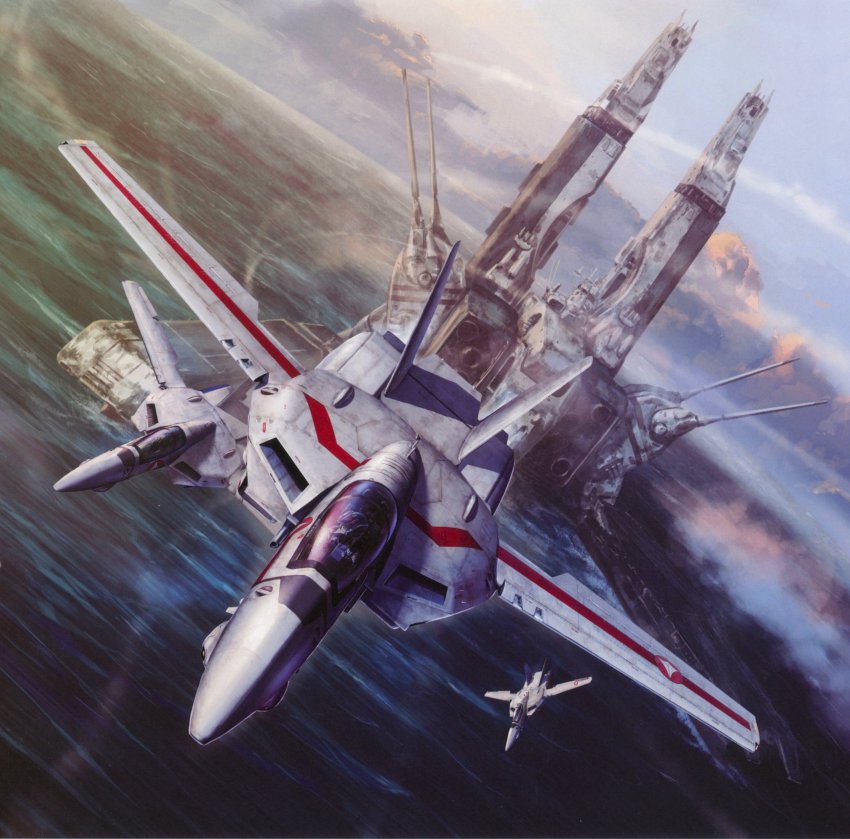 2boys 80s absurdres aircraft airplane choujikuu_yousai_macross cloud cockpit condensation_trail daedalus fleet flying helmet highres ichijou_hikaru jet macross mecha multiple_boys ocean official_art oldschool pilot_suit prometheus_(ship) realistic scan science_fiction sdf-1 ship space_craft starfighter storm_attacker tenjin_hidetaka vf-1 vf-1a vf-1j watercraft