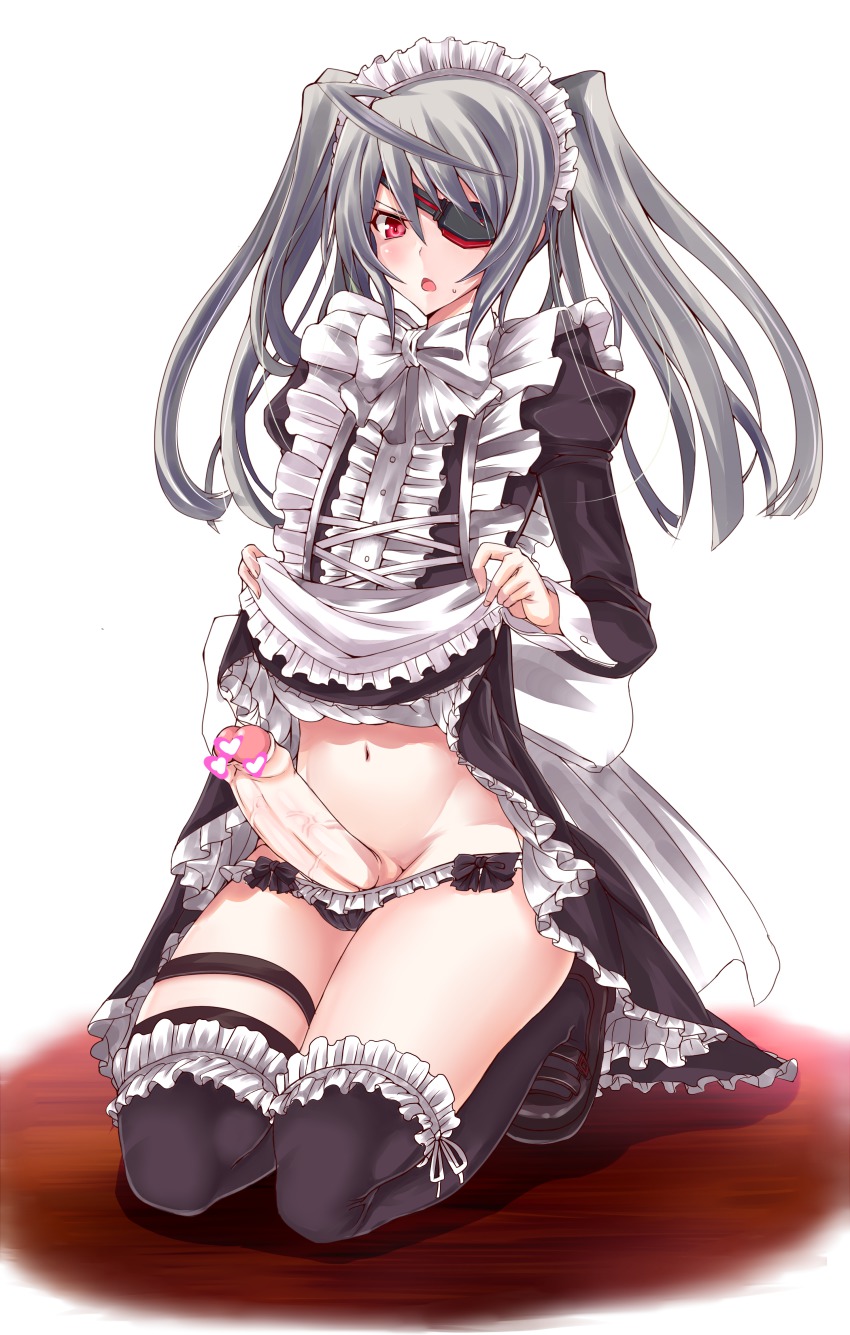 1girl absurdres censored eyepatch futanari highres hikareru2000 infinite_stratos laura_bodewig lolita_fashion maid maid_headdress navel open_mouth panties penis red_eyes silver_hair twintails underwear