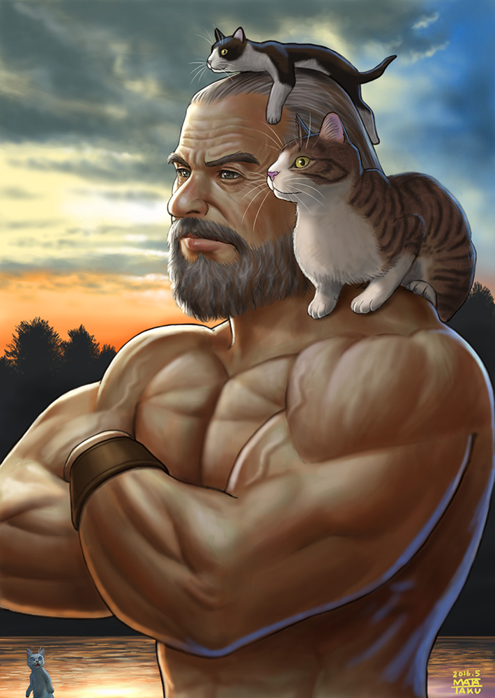Old muscle man and his cats
