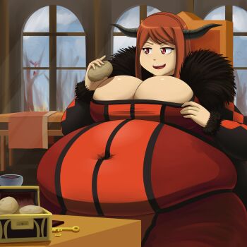  1girl :d blush breasts brown_hair chair cleavage covered_navel demon_horns dress fake_horns fat highres horns huge_breasts key long_hair maou_(maoyuu) maoyuu_maou_yuusha metalforever obese open_mouth plump potato reclining red_eyes smile smug solo taut_clothes treasure_chest weight_gain 