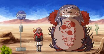  1girl 2boys akesuke_(ki-ko-ri) blue_hair bus_stop cactus cu_chulainn_alter_(fate/grand_order) desert fate/grand_order fate_(series) florence_nightingale_(fate/grand_order) grin multiple_boys parody piggyback pink_hair rama_(fate/grand_order) red_hair sign smile tonari_no_totoro 