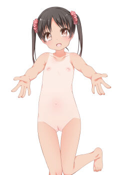  1girl barefoot black_hair blush brown_eyes cleft_of_venus flat_chest highres loli long_hair looking_at_viewer navel nipples nude one-piece_tan open_mouth original pussy scrunchie shouji_ayumu smile solo tan tanline twintails uncensored 