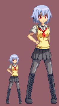  ben-tou black_legwear blue_hair boots hand_on_hip hips kntc lowres pantyhose pixel_art red_eyes school_uniform short_hair skirt sweater_vest yarizui_sen 