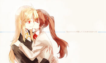  2girls blonde_hair brown_hair couple fate_testarossa hair_ornament hug kiss long_hair lyrical_nanoha mahou_shoujo_lyrical_nanoha mahou_shoujo_lyrical_nanoha_strikers military_uniform milk_puppy red_eyes school_uniform side_ponytail takamachi_nanoha uniform very_long_hair yuri 