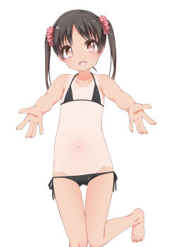  1girl barefoot bikini black_hair blush brown_eyes flat_chest highres long_hair looking_at_viewer micro_bikini navel one-piece_tan open_mouth original scrunchie shouji_ayumu side-tie_bikini smile solo swimsuit tan tanline twintails 