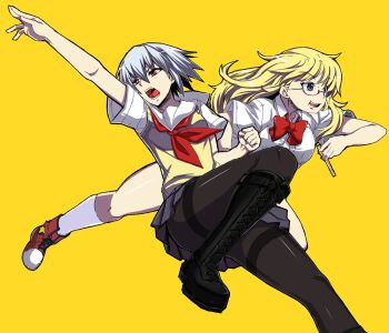  2girls ben-tou black_legwear blonde_hair blue_eyes boots character_request chopsticks glasses highres legs long_hair minarai multiple_girls open_mouth pantyhose red_eyes school_uniform shaga_ayame short_hair silver_hair simple_background skirt socks thighband_pantyhose yarizui_sen 
