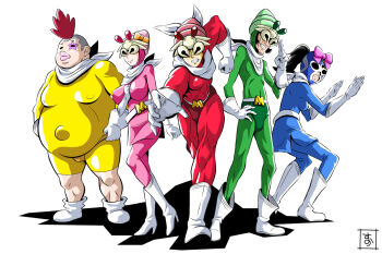 2girls 3boys abs animal_hat black_hair boots bow breasts cleft_chin clenched_teeth covered_navel erect_nipples fighting_stance full_body gloves grin hat hermit_crab mask monster_musume_no_iru_nichijou multiple_boys multiple_girls obese original pink_bow ponytail s-now scarf sentai shadow side_slit signature simple_background skin_tight skinny smile white_background white_boots white_gloves white_scarf