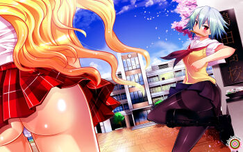  artist_request ass ben-tou blonde_hair blue_eyes highres long_hair red_eyes school_uniform shaga_ayame short_hair skirt wallpaper yarizui_sen 