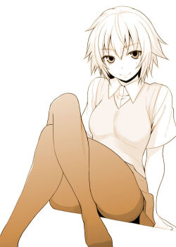  1girl akanagi ben-tou breasts legs legs_crossed long_legs looking_at_viewer monochrome pantyhose school_uniform short_hair sitting skirt smile solo sweater_vest thighs yarizui_sen 