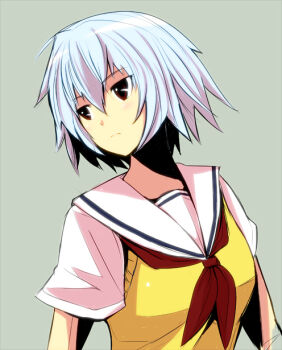  1girl bad_id ben-tou blue_hair expressionless green_background kichi8 looking_away red_eyes school_uniform short_hair simple_background sweater_vest upper_body yarizui_sen 