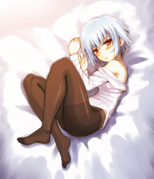  1girl akanagi bare_shoulders ben-tou blue_hair brown_legwear feet from_above gradient_background legs looking_at_viewer lying no_shoes off_shoulder on_side panties panties_under_pantyhose pantyhose red_eyes short_hair solo underwear yarizui_sen 