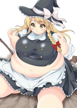 1girl braid breaking breasts clenched_hands crushing fat fat_folds frown hat highres kirisame_marisa kurokaze_no_sora large_breasts long_hair meat_day navel obese simple_background single_braid solo touhou undersized_clothes witch_hat yellow_eyes