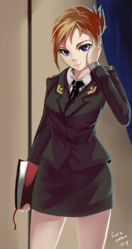  1girl artist_name blonde_hair blue_eyes folded_ponytail formal hand_on_own_cheek highres looking_at_viewer military military_uniform natalia_poklonskaya necktie no_legwear pencil_skirt real_life saramoka short_hair skirt skirt_suit solo suit uniform 