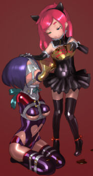  1=2 2girls bdsm blindfold blue_eyes bondage breasts chocolate elbow_gloves feeding femdom force_feeding gag gagged gloves green_eyes harness head_harness heterochromia highres latex latex_dress latex_gloves latex_thighhighs loli long_hair multiple_girls neck_corset original pink_hair purple_hair restrained short_hair slave thighhighs underboob yuri 