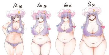  1girl arms_behind_back belly bra breasts curvy fat fat_folds hiro_(h-net) huge_breasts large_breasts long_hair looking_at_viewer mob_cap navel obese panties patchouli_knowledge plump progression purple_bra purple_hair purple_panties red_eyes seductive_smile simple_background smile thighs touhou underwear underwear_only weight_gain wide_hips 