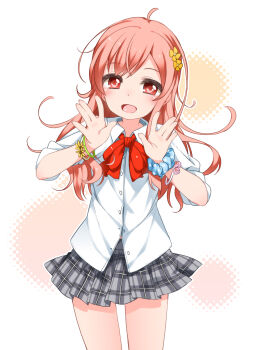  1girl ahoge blush bracelet donuts_(company) flower hair_flower hair_ornament halftone_background highres jewelry long_hair looking_at_viewer nishizono_honoka open_mouth pink_eyes pink_hair school_uniform shouji_ayumu skirt smile solo tokyo_7th_sisters 