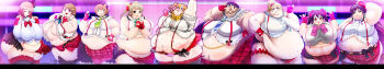  6+girls artist_request blonde_hair blue_eyes blue_hair blush brown_eyes brown_hair eating fat fingerless_gloves food gloves green_eyes hairclip huge_ass looking_at_viewer multiple_girls navel obese orange_hair ponytail purple_eyes red_eyes skirt squarewave sweat twintails yellow_eyes 