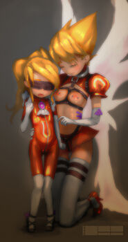  1=2 2girls bdsm blindfold blonde_hair bodysuit bondage breast_harness breasts breath_of_fire breath_of_fire_ii breath_of_fire_iii collar corset_piercing elbow_gloves harness high_heels latex latex_suit loli multiple_girls nina_(breath_of_fire_ii) nina_(breath_of_fire_iii) nipple_piercing nipples piercing selfcest thighhighs time_paradox wings 