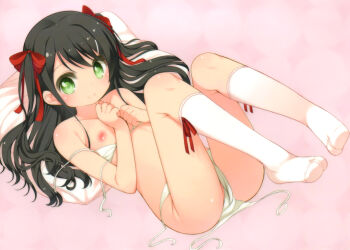  1girl bikini black_hair blush feet flat_chest green_eyes hair_ornament hair_ribbon hairclip kneehighs legs_up loli long_hair looking_at_viewer lying navel nipples no_shoes on_back original pillow ribbon shouji_ayumu side-tie_bikini smile socks solo swimsuit twintails untied untied_bikini white_bikini white_legwear white_swimsuit 
