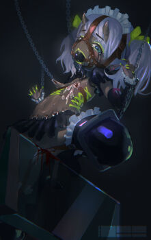  1=2 ball_gag bdsm blood bondage corset_piercing green guro horn maid piercing ribbon simple_background wooden_horse 