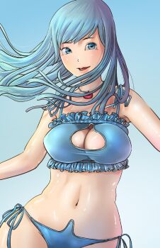  1girl bikini blue_bikini blue_eyes blue_hair bra breasts cat_lingerie cleavage cleavage_cutout covered_nipples dragon_quest dragon_quest_iii frilled_bra frills highres jewelry kyamii long_hair navel necklace parted_lips priest_(dq3) shiny shiny_skin side-tie_bikini solo swimsuit underwear 
