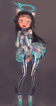  1=2 1girl absurdres animal_ears aqua_eyes bangs bdsm blunt_bangs blush brown_hair corset full_body gloves heart heart-shaped_pupils highres long_hair open_mouth original simple_background slave solo standing striped striped_legwear symbol-shaped_pupils thighhighs vertical-striped_legwear vertical_stripes 