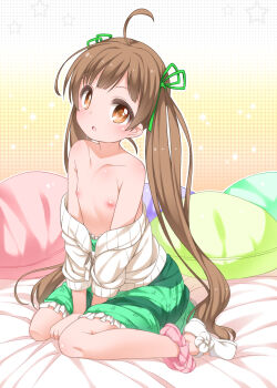  1girl ahoge bandai_namco blush brown_eyes brown_hair dress dress_pull flat_chest floral_print hair_ribbon hakozaki_serika highres idolmaster idolmaster_million_live! inverted_nipples loli long_hair looking_at_viewer nipples open_clothes open_mouth panties panties_around_leg pink_panties print_dress ribbon shouji_ayumu sitting skirt solo twintails underwear wariza 