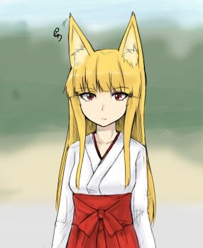  1girl abubu animal_ears blonde_hair fox_ears japanese_clothes miko original red_eyes solo 