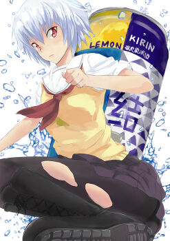  1girl ben-tou black_legwear blue_hair boots can drink fighting_stance frown highres jyairo kicking kirin_(company) pantyhose red_eyes school_uniform serafuku short_hair skirt solo sweater_vest torn_clothes torn_pantyhose water yarizui_sen 