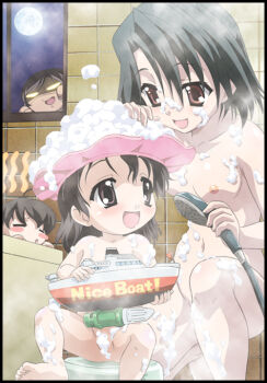 :d barefoot bath_stool bathing bathroom bathtub black_eyes black_hair blush boat breasts brown_eyes character_request chibi eyes_closed feet foam glowing glowing_eyes happy hat indoors kiyoura_setsuna kneeling loli long_hair makaizou moon multiple_girls navel nice_boat night nipples nude open_mouth school_days shampoo_hat shared_bathing short_hair shower_head sitting smile soap_bubbles soles spread_legs steam stool tile_wall tiles toes toy voyeurism washing washing_hair window