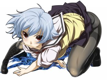  1girl ben-tou black_boots black_legwear blue_hair boots chopsticks face foreshortening highres knee_boots legs_folded mino106 mouth_hold panties panties_under_pantyhose pantyhose pantyshot red_eyes school_uniform serafuku short_hair skirt solo sweater_vest thighband_pantyhose underwear upskirt yarizui_sen 