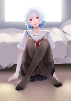 1girl abig33 absurdres ben-tou crotch_seam highres panties panties_under_pantyhose pantyhose red_eyes school_uniform short_hair silver_hair solo thighband_pantyhose underwear yarizui_sen