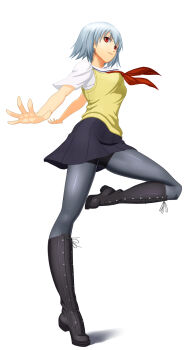  1girl ben-tou blue_hair boots cross-laced_footwear highres knee_boots lace-up_boots leg_up legs outstretched_arms outstretched_hand pantyhose red_eyes school_uniform serafuku skirt solo takahirokun tiptoes yarizui_sen 