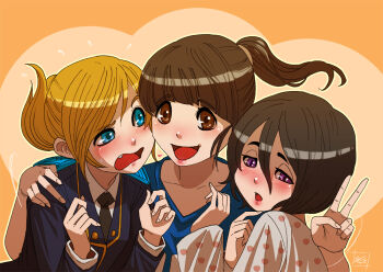  3girls bangs black_hair blonde_hair blue_eyes blunt_bangs brown_eyes brown_hair fang fauzy_zulvikar_firmansyah hair_between_eyes hand_on_another's_shoulder hand_on_hip katya_lischina long_hair military military_uniform multiple_girls natalia_poklonskaya necktie open_mouth pajamas ponytail purple_eyes real_life sabina_altynbekova short_hair smile sportswear strawberry_print uniform v volleyball volleyball_uniform 