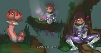  1=2 1girl aphrodisiac bodysuit brown_hair loli masturbation masturbation_through_clothing mushroom original phallic_symbol sexually_suggestive short_hair solo 