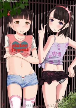  2girls ass brown_eyes brown_hair camisole denim denim_shorts grin hair_bobbles hair_ornament hairband loli long_hair looking_back midriff miniskirt multiple_girls navel original panties panty_peek purple_eyes shirt shirt_lift short_hair short_shorts shorts skirt skirt_lift smile sora_wa_sama striped striped_panties thighhighs twintails unbuttoned underwear v watermark white_legwear white_panties 
