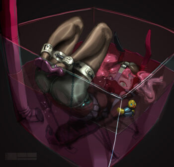  1=2 bdsm bondage bunny_ears chains drown duck gag gagged pantyhose simple_background spreadbar twintails water 