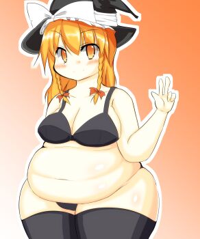  1girl belly big_belly black_legwear black_panties blonde_hair blush bra braid breasts cleavage fat fat_folds hat highres kirisame_marisa large_breasts long_hair looking_at_viewer navel nengorogoro obese panties smile solo thick_thighs thighhighs touhou twin_braids underwear underwear_only w wide_hips witch_hat yellow_eyes 