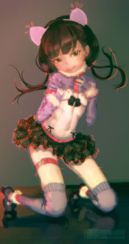  1=2 1girl animal_ears brown_eyes brown_hair cat_ears kneeling skirt solo tagme thighhighs twintails 