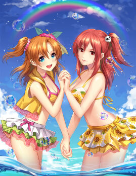  2girls althea_(sakiya0000) blue_eyes brown_hair crossover dead_or_alive hair_ornament highres honoka_(doa) kousaka_honoka long_hair love_live!_school_idol_project multiple_girls namesake red_hair side_ponytail skirt smile swimsuit 
